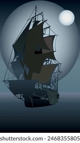 Vector illustration of a pirate ship sailing at night under mystical moonlight, for your designs in a vintage marina style.