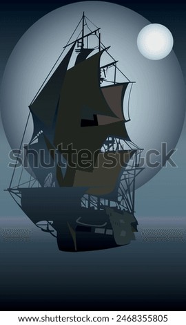 Vector illustration of a pirate ship sailing at night under mystical moonlight, for your designs in a vintage marina style.