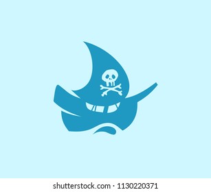 vector illustration of pirate ship, symbol of skull on sail