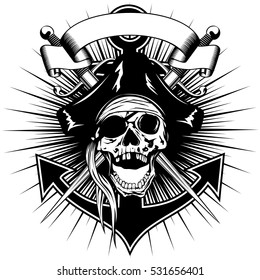 Vector illustration pirate sign skull in cocked hat with crossed daggers and anchor