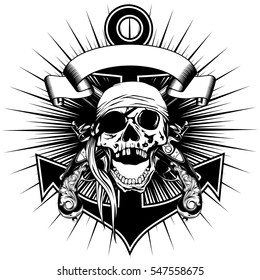 Vector illustration pirate sign skull bandana with crossed old pistols and anchor