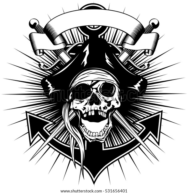 十字に交差したギザギザとアンカーを持つ 尾羽のついた帽子のベクターイラスト海賊のサインスカル のベクター画像素材 ロイヤリティフリー