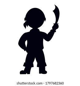 Vector illustration. Pirate silhouette with saber sword. Shadow of sailor isolated on white background.