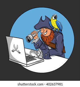 Vector illustration of pirate sitting in front of the computer looking through a Spyglass into the monitor. parrot sitting on the pirate's shoulder. Concept of cyber pirate.
