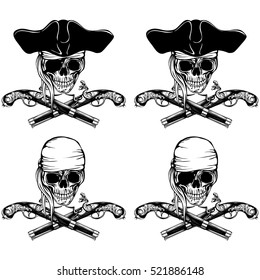 Vector Illustration Pirate Skull Bandana Or Cocked Hat And Crossed Old Pistols Set