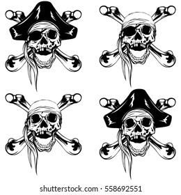 Vector illustration pirate skull bandana or cocked hat and crossed two bones. Design for t-shirt or poster print