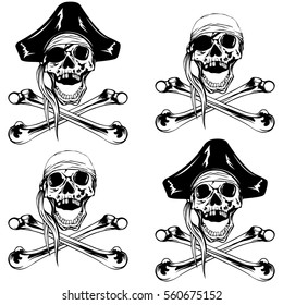 Vector illustration pirate skull with bandana or cocked hat and crossed bones set