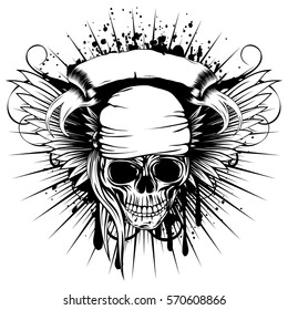 Vector illustration pirate skull in bandana and wings on grunge background