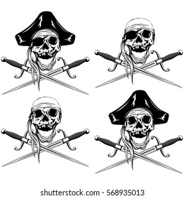 Vector illustration pirate skull with bandanna and cocked hat and crossed cutlass set