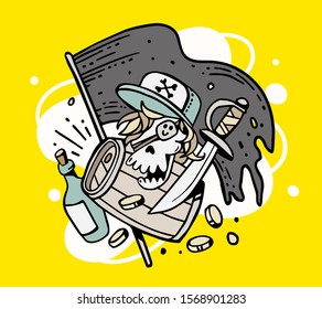 Vector illustration of pirate skull in a cap with eyepatch and flag, sword, bottle of rum on yellow color background. Pirate adventure concept. Line art style design for web, banner, poster, card