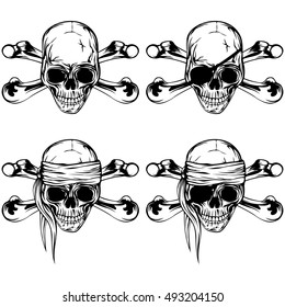 Vector illustration pirate skull and crossed bones set. Skull with eye patch and without.