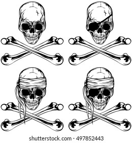 Vector illustration pirate skull and crossed bones set. Skull with eye patch and without.