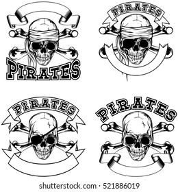 Vector illustration pirate skull and crossed bonnes. Pirate emblem set