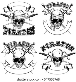 Vector illustration pirate skull and crossed daggers. Pirate emblem set.