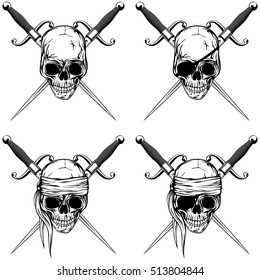 Vector illustration pirate skull with cutlass set. Skull with a bandage on his head and without