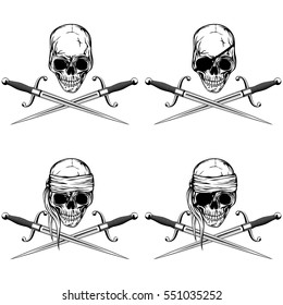 Vector illustration pirate skull and cutlass set. Skull with eye patch and without