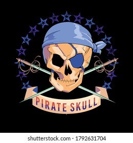 Vector illustration of pirate skull, with eye patch and two crossed swords on black background. Pirate flag design for poster or t-shirt.