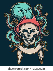 Vector Illustration of Pirate Skull with Giant Octopus and Vintage Banner