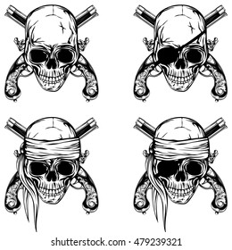 Vector illustration pirate skull and old pistols set. Skull with a bandage on his head and without