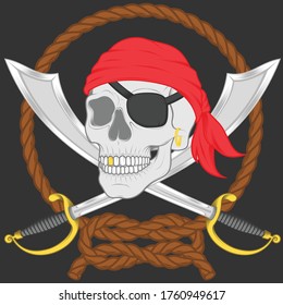 Vector illustration of a pirate skull with two swords surrounded by an intertwined rope