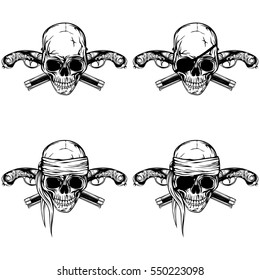 Vector illustration pirate skull and two crossed flintlock pistols set. Skull with eye patch and without