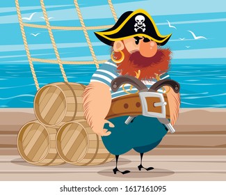 Vector illustration of a pirate standing on a ship