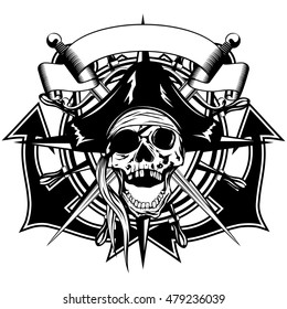 Vector illustration pirate symbol skull in cocked hat with crossed daggers and crossed anchors and wheel