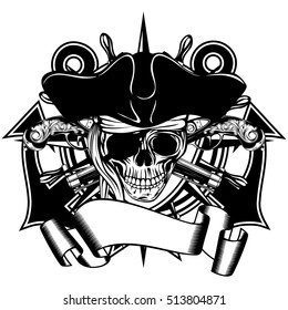 Vector illustration pirate symbol skull cocked hat with crossed old pistols and crossed anchors and wheel