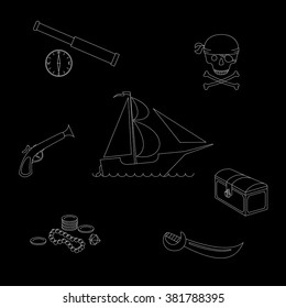 Vector illustration pirate theme outline figures set against black background, including pirate ship, chest, scattered treasures, cutlass, pistol, telescope, compass and skull with crossbones