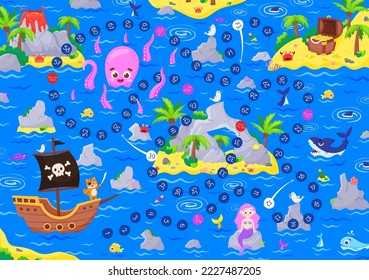 Vector illustration of a pirate treasure adventure, children's board game with sea animals. Template for printing