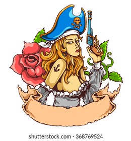 Vector Illustration Of Pirate Woman Holding Gun 