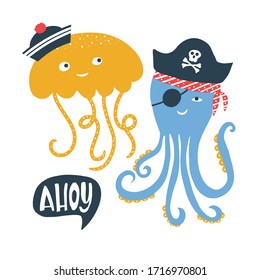 Vector illustration with pirate word Ahoy lettering and sea animals with pirate's hat, cap, scull and bones. Kids logo emblem. Textile fabric print for tshirt, clothing, stationery