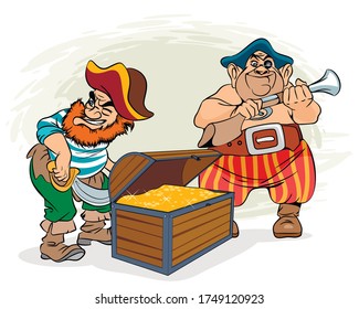 Vector illustration of pirates and a chest of gold