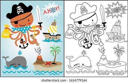 Vector illustration of pirates elements cartoon with funny octopus, coloring book or page