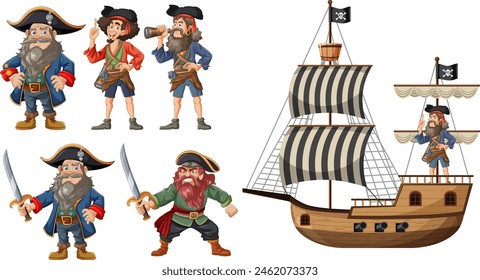 Vector illustration of pirates and their sailing ship