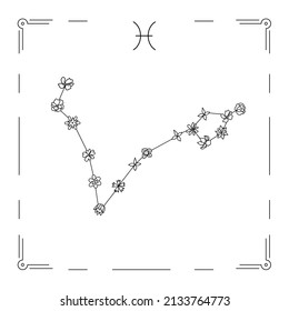 Vector illustration of Pisces constellation with flowers and zodiac sign. 