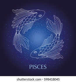 Vector illustration of pisces in the star sky, zodiac sign. Poster, card, print design.