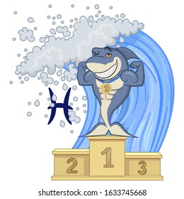 Vector illustration of Pisces symbol. Cool muscular shark-man on sea background. Picture for prints, stickers and design.