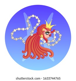 Vector illustration of Pisces symbol. Young beautiful gold fish on blue background with pearls necklace. Picture for prints, stickers and design.