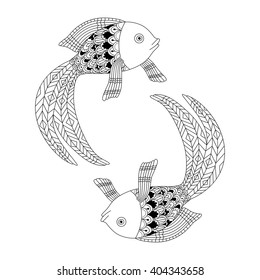 Vector illustration of the pisces in zentangle and ethcnic style. Zodiac symbol. Tattoo, coloring page, t-shirt, card, poster, print design.