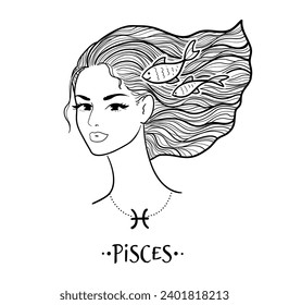 Vector illustration of Pisces zodiac sign line art female face portrait