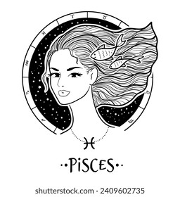 Vektorgrafik von Pisces zodiac Zeichenlinie Kunst weibliches Gesicht Porträt mit Kreis