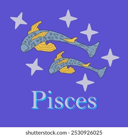 Vector illustration of Pisces zodiac sign. Two fish swimming side by side, pohlled from the top. Inscription Pisces. Zodiac signs, illustration.