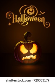 Vector illustration of a Pissed Off jack-o-lantern glowing in the dark. Included a custom lettering "Halloween". All elements neatly on layers and groups