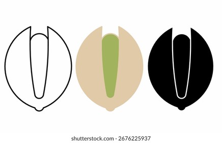 Ilustración vectorial del icono de la nuez del pistacho fijado en estilo del contorno, de la silueta, del blanco y del color. Ilustración vectorial minimalista para alimentos, bocadillos, semillas, nutrición, agricultura y diseño de estilo de vida saludable.