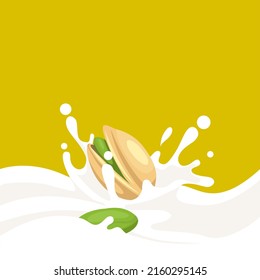 Vector illustration of a pistachio in a shell with milk splashes. Natural organic food and drink. Design elements for packaging, advertising, etc.