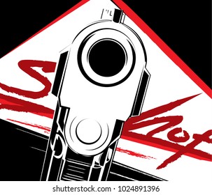 Vector illustration pistol 9 caliber. Criminal arm pistol gun and danger military weapon.