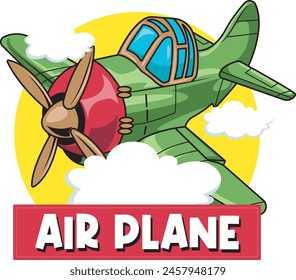 Vector Illustration of Piston Aircraft with AIR PLANE words with Cute Cartoon Illustration Available for Plane Badge