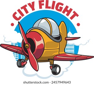 Vektorillustration von Kolbenflugzeugen mit CITY-Flugwörtern mit niedlicher Cartoon-Illustration Verfügbar für Plane Badge