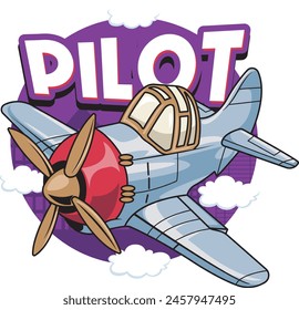 Vector Illustration of Piston Aircraft with PILOT words with Cute Cartoon Illustration Available for Plane Badge
